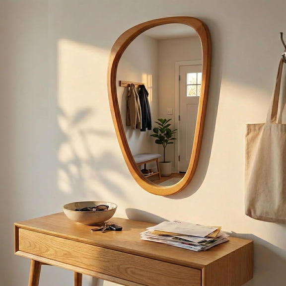 Irregular Asymmetrical Wall Mirror 30"×20" with Solid Wood Frame, Organic Mid-Century Modern Decorative Wall Mirror for Bedroom, Bathroom & Entryway