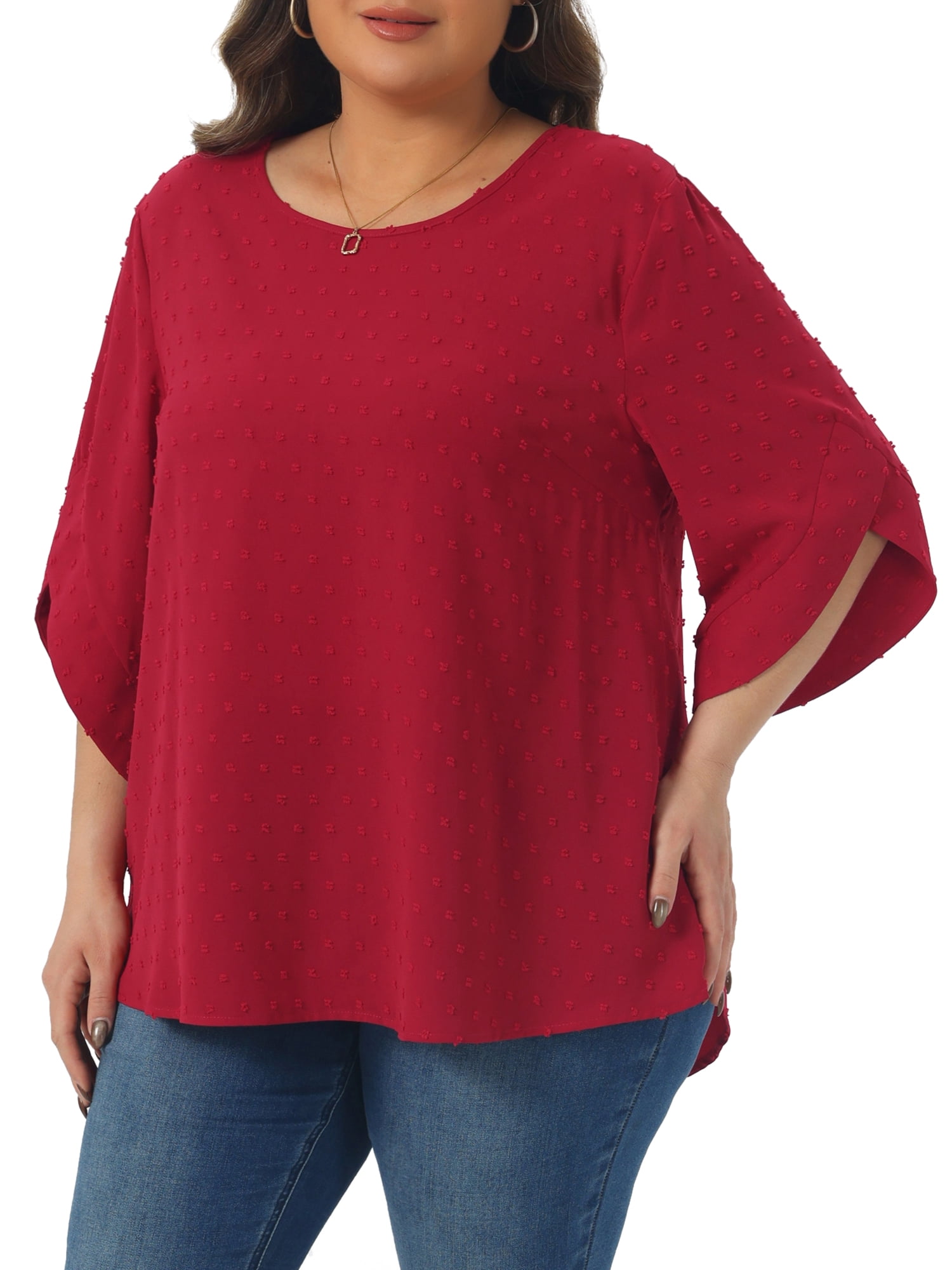 DARING DIVA Women's Plus Petal Sleeve Swiss Dots Blouse T-Shirt Tops 1X Burgundy