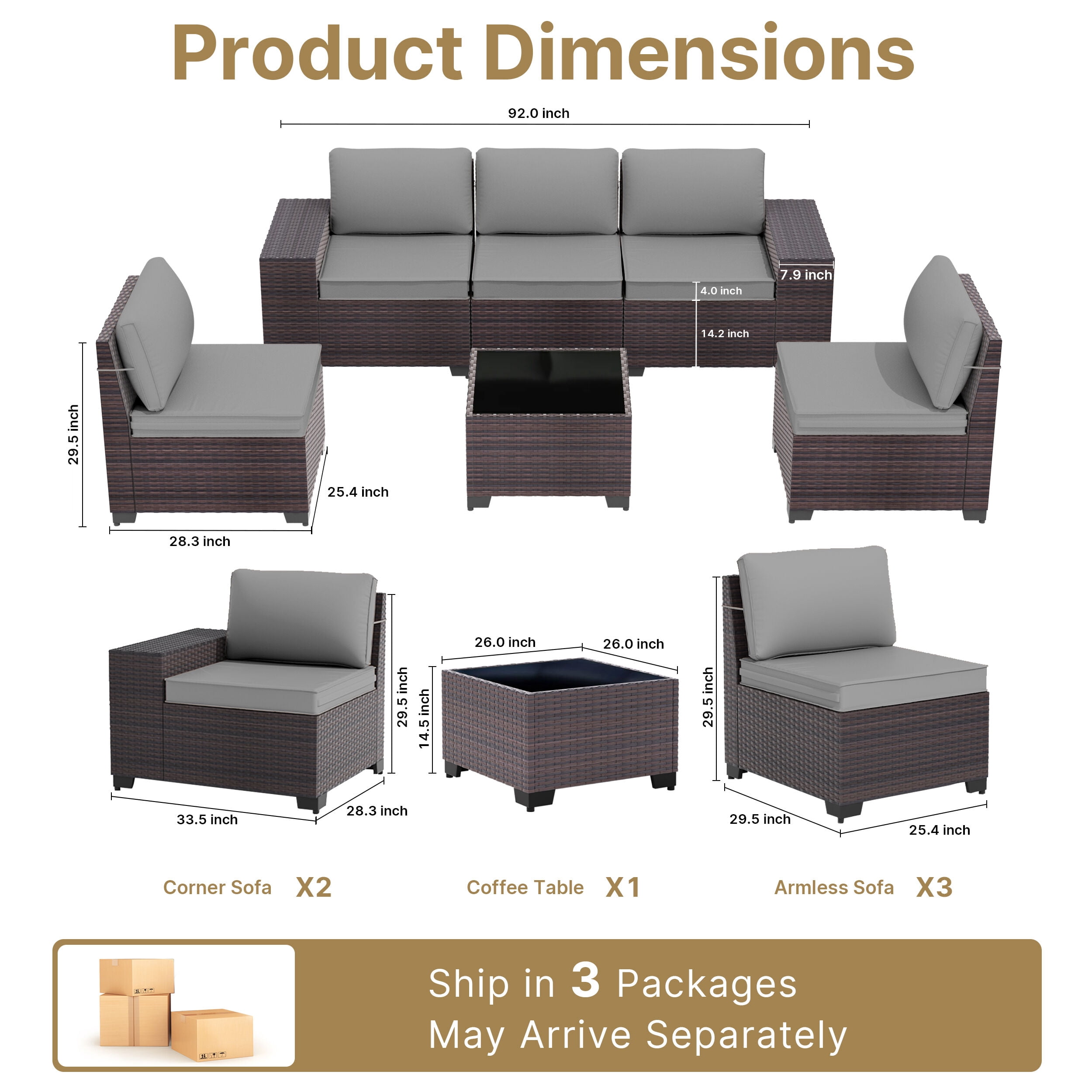 ALAULM 6 Pieces Patio Conversation Set, Outdoor Sectional PE Rattan Wicker Furniture Seat,Gray