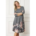 thumbnail image 3 of Charcoal 3/4 Sleeve Asymmetric Floral Curved Hem Midi Dress, 3 of 6