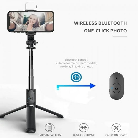 LED All-in-One Selfie Stick and Tripod with Wireless Remote and LED Fill Light for Universal Cell Phones (Black)