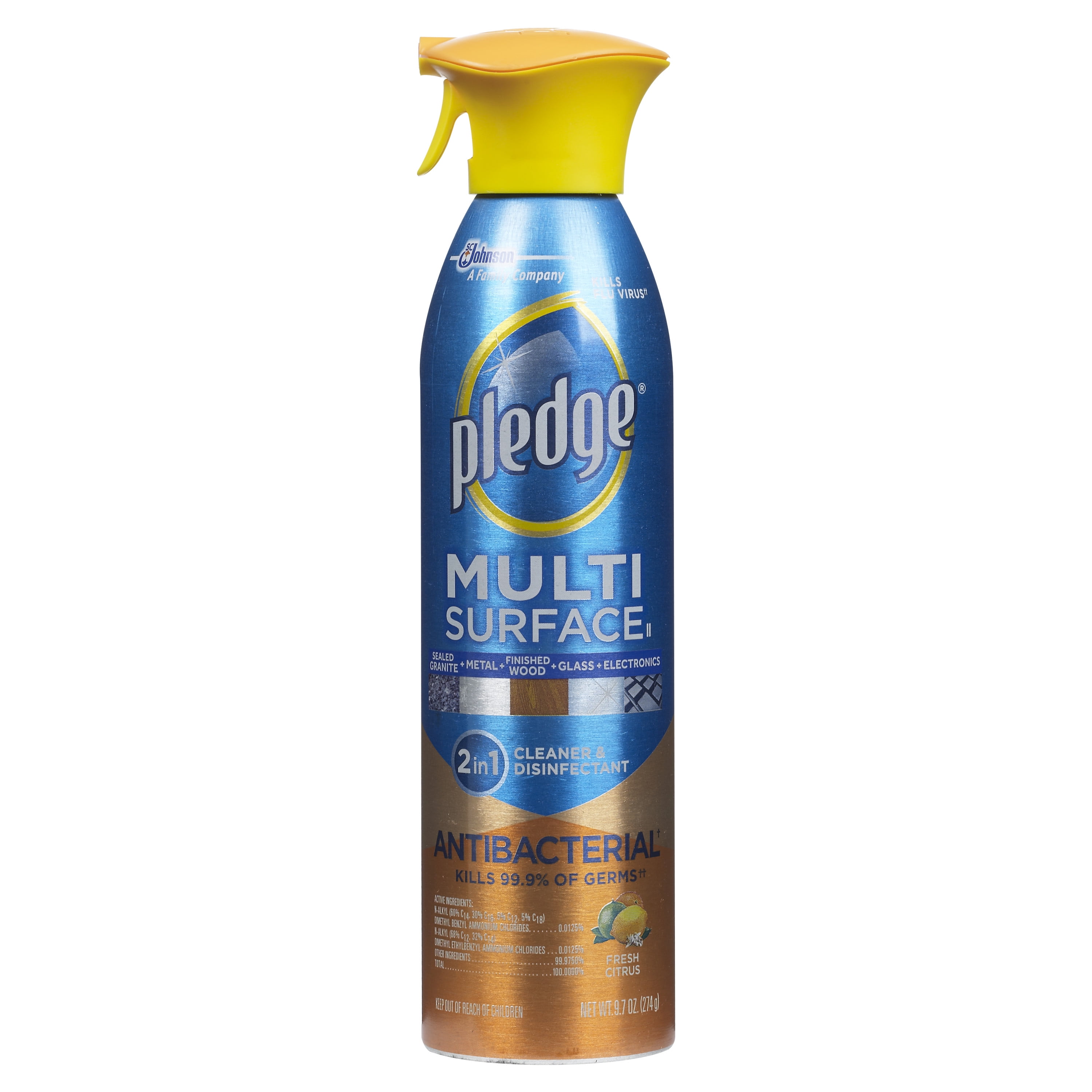 Pledge® Everyday Clean™ Multisurface Antibacterial Cleaner, Aerosol, Fresh Citrus, 9.7 Oz
