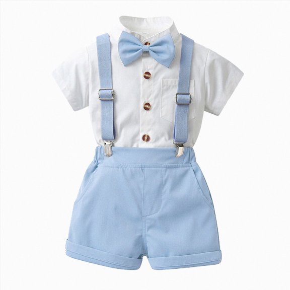 KPOPLK Toddler Boy Gentleman Suit Baby Boy Formal Outfit Set with Cotton Shirt Bow Tie Suspenders Shorts for Wedding Birthday Party Size 9-12 Months