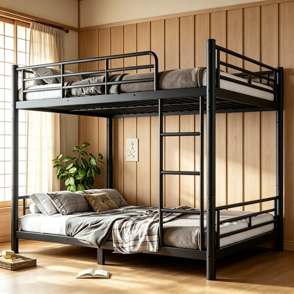 Bellemave Twin XL over Twin XL Bunk Bed with Round‑Tube Frame for Teens & Adults, Heavy Duty Metal Convertible Bunk Bed, Noise‑Reduced, Black