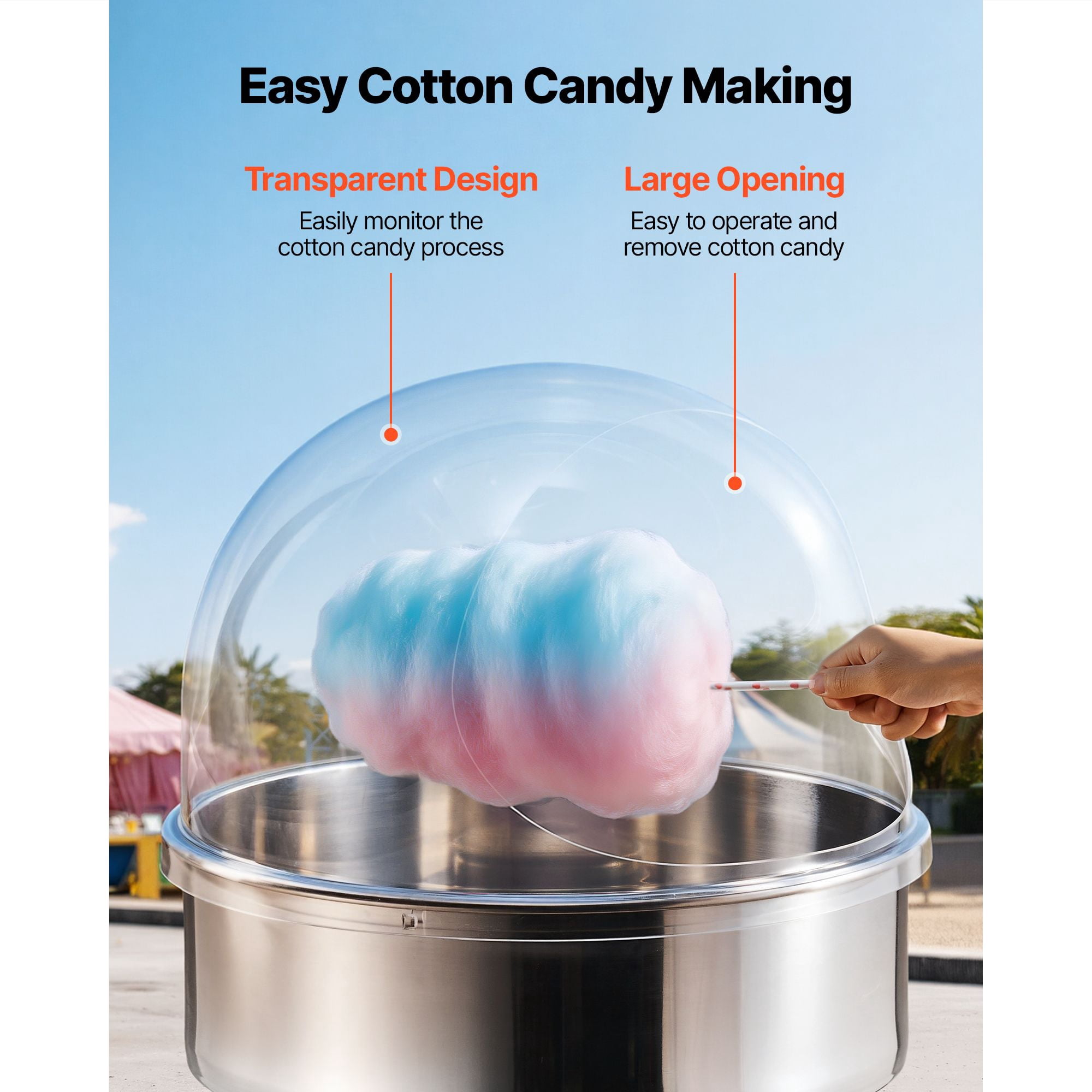 Acrylic Cotton Candy Machine Dome Cover, Fits 20.5" Bowl, Reinforced Clear Plastic, Sugar Containment, Easy Clean for Candy Floss Maker