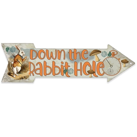 Metal Sign – Down The Rabbit Hole – Directional Arrow Sign – Durable Metal Sign – Use Indoor/Outdoor – Great Decor and Baby Shower Gift For Alice in Wonderland Fans