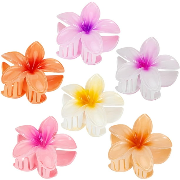 Pinzas para el cabello con flores, 6 piezas, pinzas grandes para cabello grueso, pinzas para el cabello con flores hawaianas, pinzas para el cabello de hibisco, pinzas para el cabello de Plumeria para