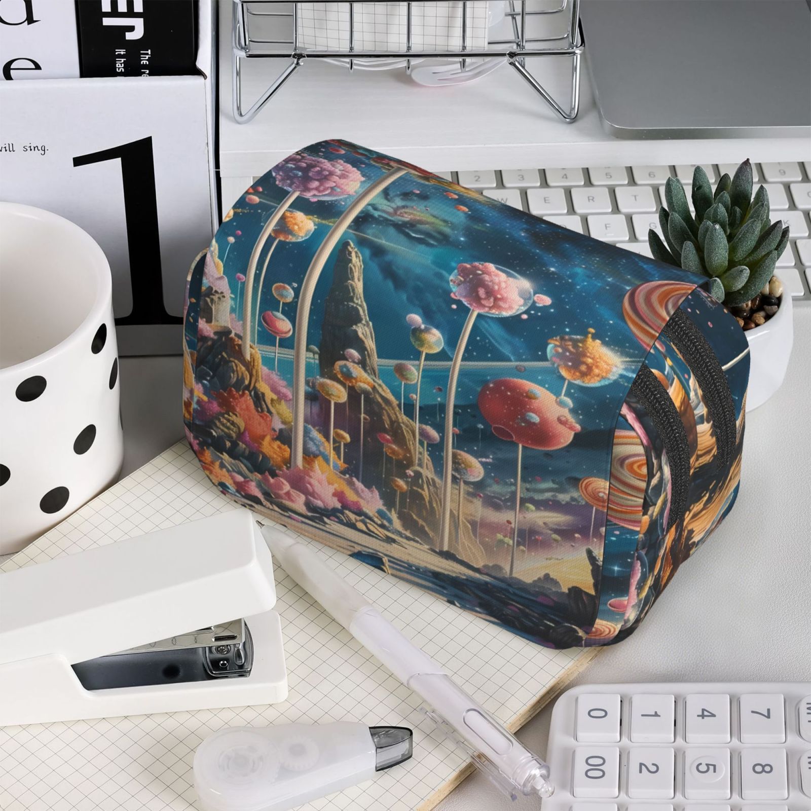 Rateoe Starry Sky Planet Lollipop Pattern Double Clamshell Pen Case, Storage Organizer with Two Zipper Compartments– Holds Up to 50 Pencils & Pens
