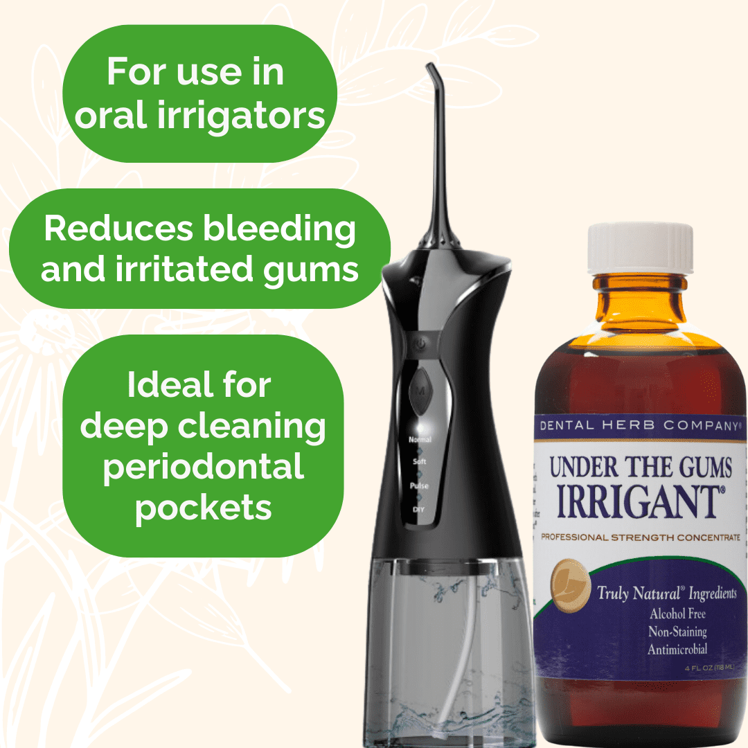Dental Herb Company Under the Gums Irrigant: (2 pack with dropper) A Solution for Oral Irrigators and Water Flossers - Made with Pure Essential Oils and Herbs - Alcohol-Free, Vegan, non-GMO