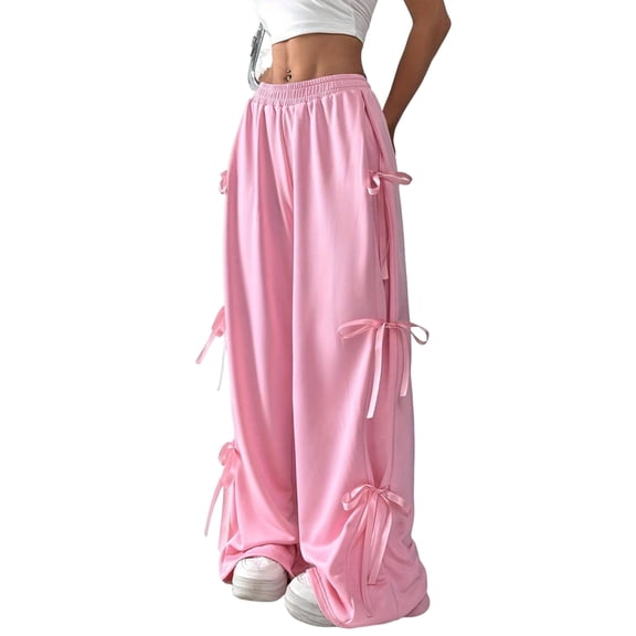 Women'S Baggy Sweatpants Elastic Waist Casual Bo-W Wide Leg Pants with Pocket Y2K Going Out Travel Pants Pink M