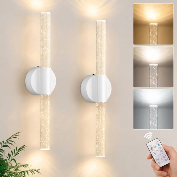2 Pack White Rechargeable Wall Sconces Wireless Battery Operated LED Lights with Remote Touch Control Dimmable for Bedroom Bathroom Living Room