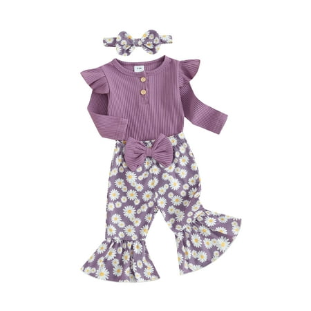 

Licupiee Baby Girls 3 Piece Outfits Ribbed Long Sleeves Romper and Daisy Print Elastic Flared Pants Headband Set Fall Clothes
