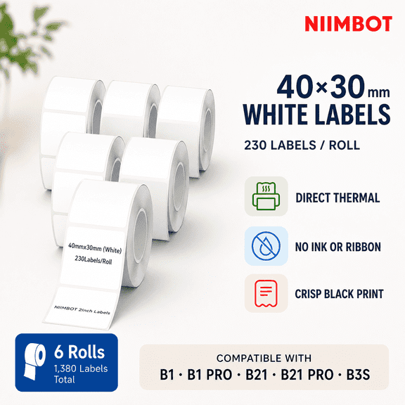 NIIMBOT B1/B1 Pro/B21 White Direct Thermal Labels, 40 x 30 mm, 6 Rolls, 1380 Self-Adhesive Labels for Jars, Storage Bins, Pantry and Office Organization