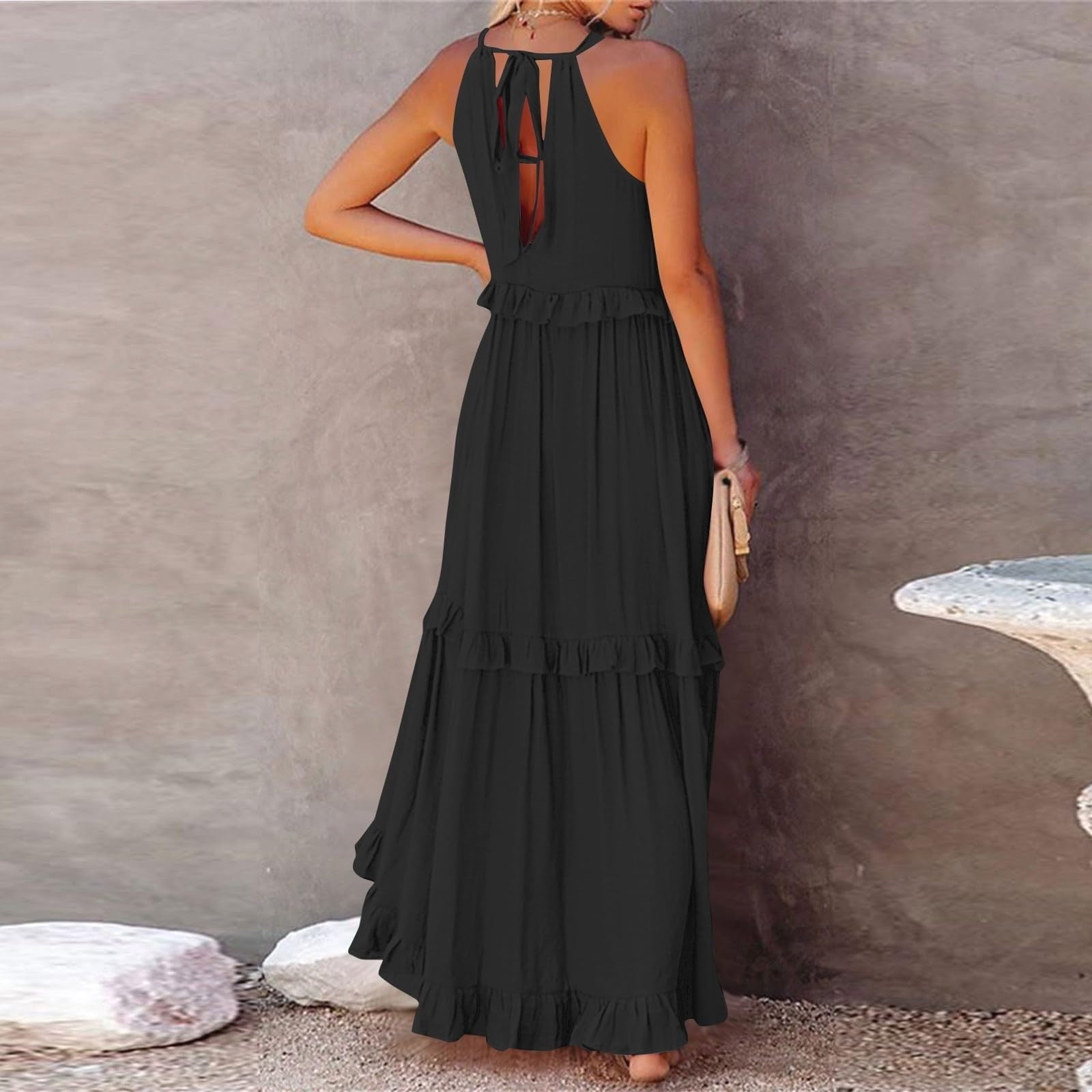LVHAOGJOB Womens Midi Dress with Pockets Loose Sleeveless Dress Summer Strap Pleated Floral V Neck Sundress for Mujer