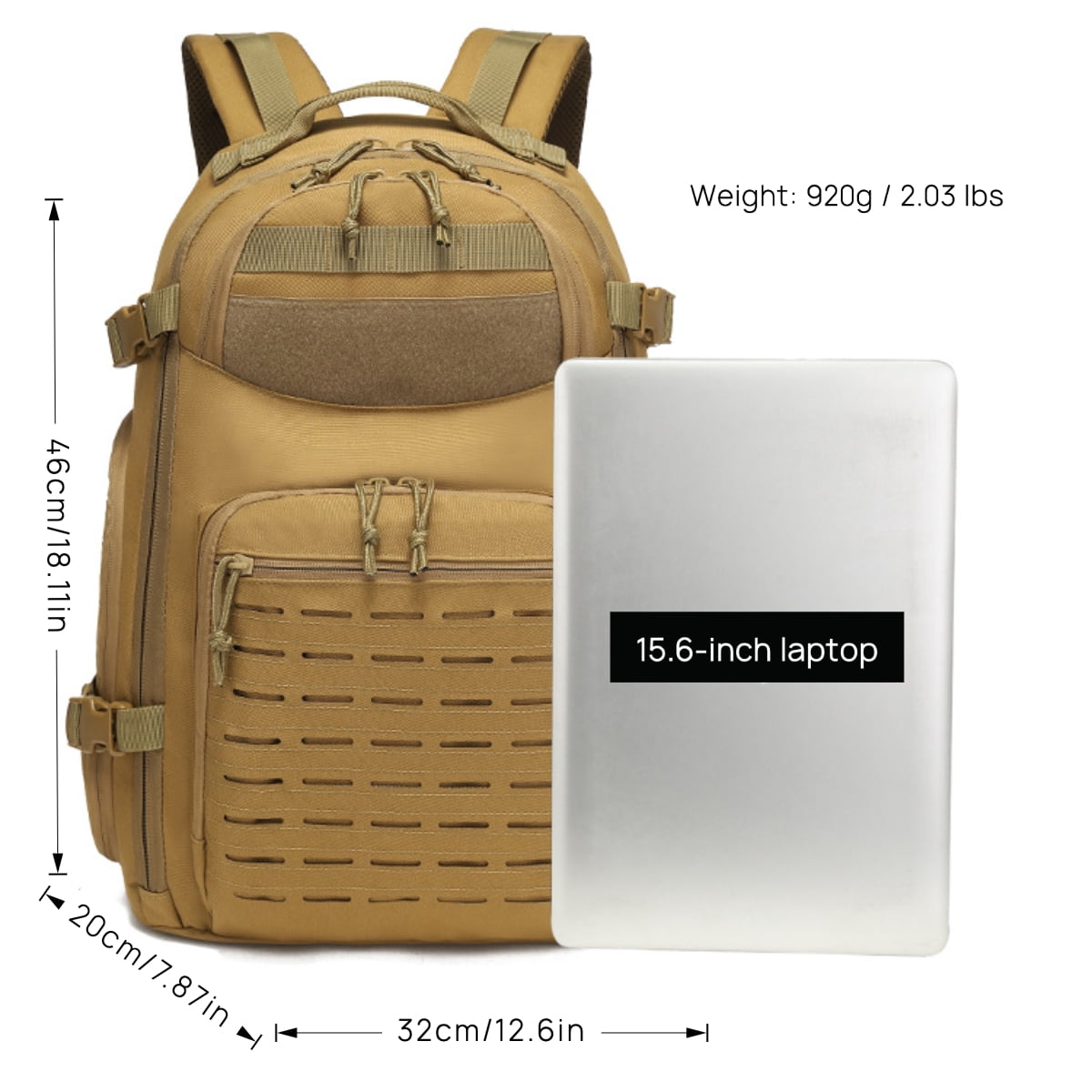 15.6 Inch Laptop Backpack - Large Capacity Outdoor Rucksack with MOLLE Webbing, Compass, Flag Patch, Survival Whistle,TYPE-C Outdoor Fire Starter (Hiking Camping Daily Commute)