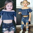 thumbnail image 4 of ATOGUTA Summer Outfits for Baby Girls Off Shoulder Tops Ripped Jean Pants Outfits Sets Blue, Size 18M-6, 4 of 5