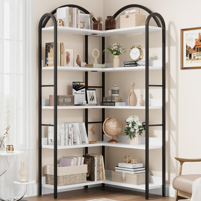QinaQin 5 Tier Arched Corner Bookshelf, 68.5 Inch Tall L Shaped Metal and Wood Display Rack