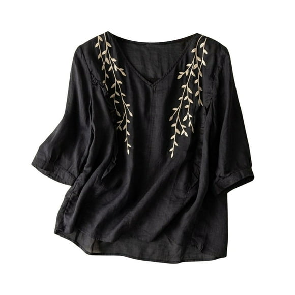 Womens Shirt Ladies Long Sleeve Shirts Women's Solid Color Cotton and Linen Vintage Embroidery Clothing Loose and Thin Adult Female Clothes Navy Size XL
