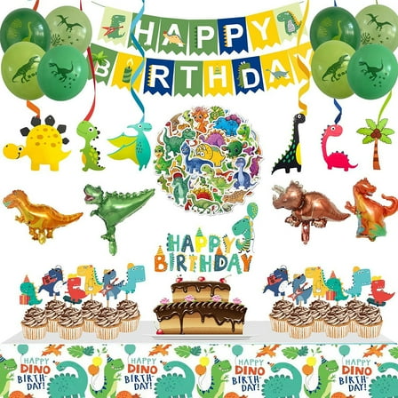 Dinosaur Birthday Theme Decoration Kids Green Color Birthday Theme Party Supplies Include Happy Birthday Banner, Dinosaur Aluminum Film Balloons, Balloons, Cupcake Toppers, Tablecloth, Stickers