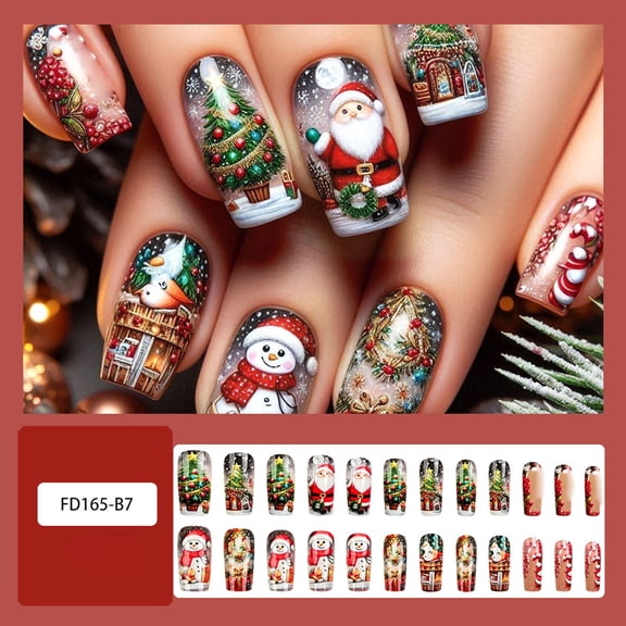 Christmas Nail Tips, Holiday Nail Stickers, Embossed Snowman Cabin Manicure, Removable Reusable Festive Wearable Nails