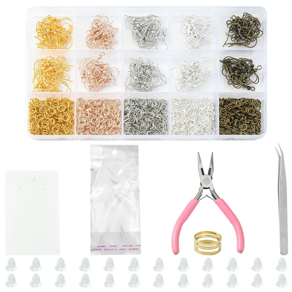 DIY Earring Making Kit Including Iron Jump Rings & Earring Hooks Brass Rings Tweezers Paper Earring Display Card Plastic Ear Nuts Metallic Wire Twist Ties Mixed Color 1679Pcs/set