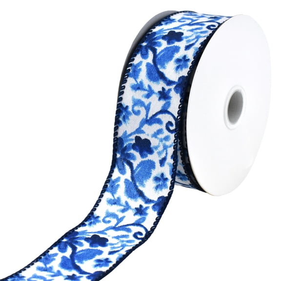 Watercolor Flower Branches Wired Ribbon, 1-1/2-inch, 10-yard, Blue
