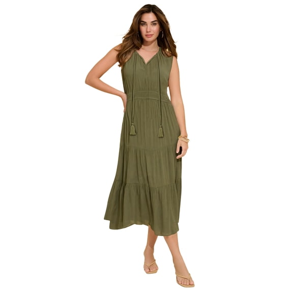 Roaman's Women's Plus Size Hand-Crinkled Sleeveless Tiered Maxi Dress