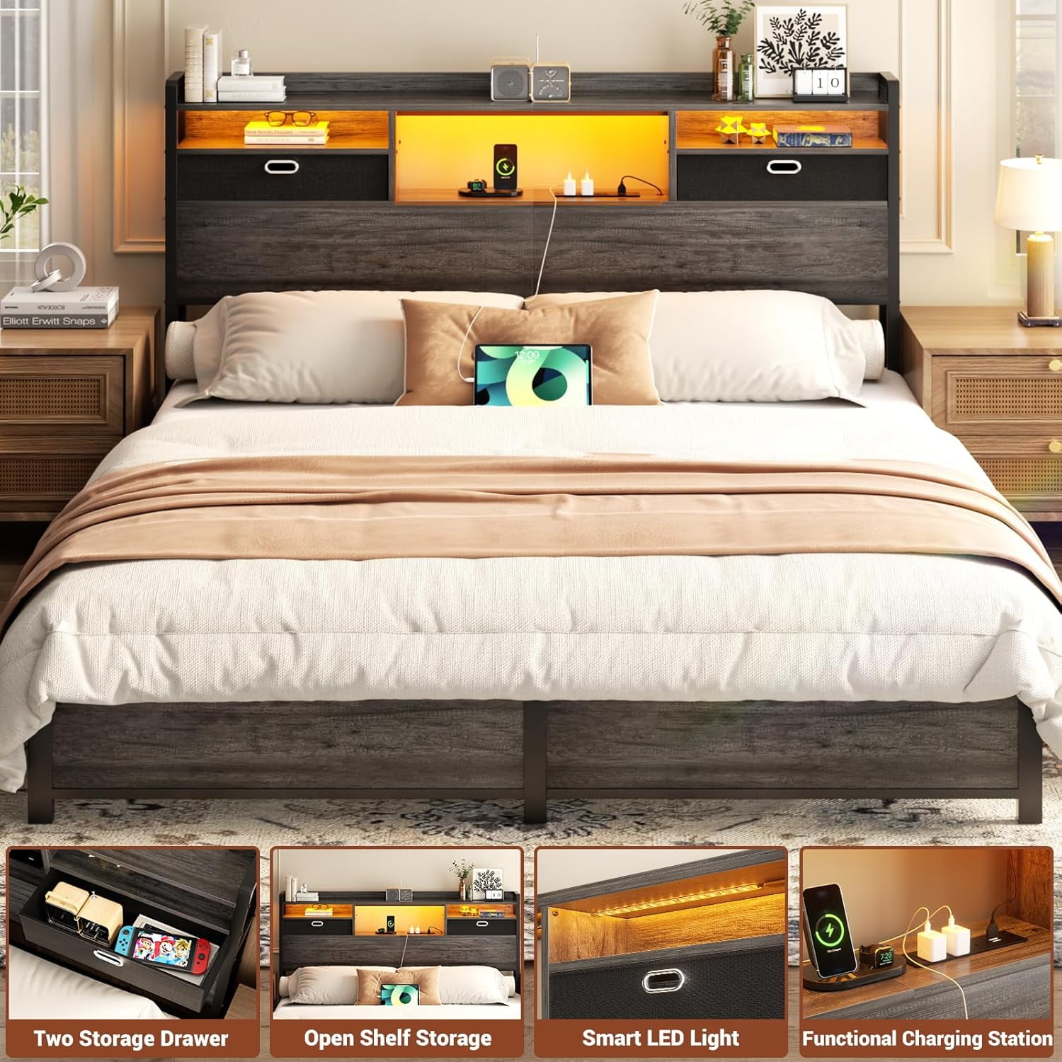Homieasy Queen Headboard with Drawer Storage and LED Light, Wood Headboard for Queen Size Bed with Power Outlet and Bookcase, Sturdy Head Board for Bedroom, Dorm Room, Guest Room, Black Oak