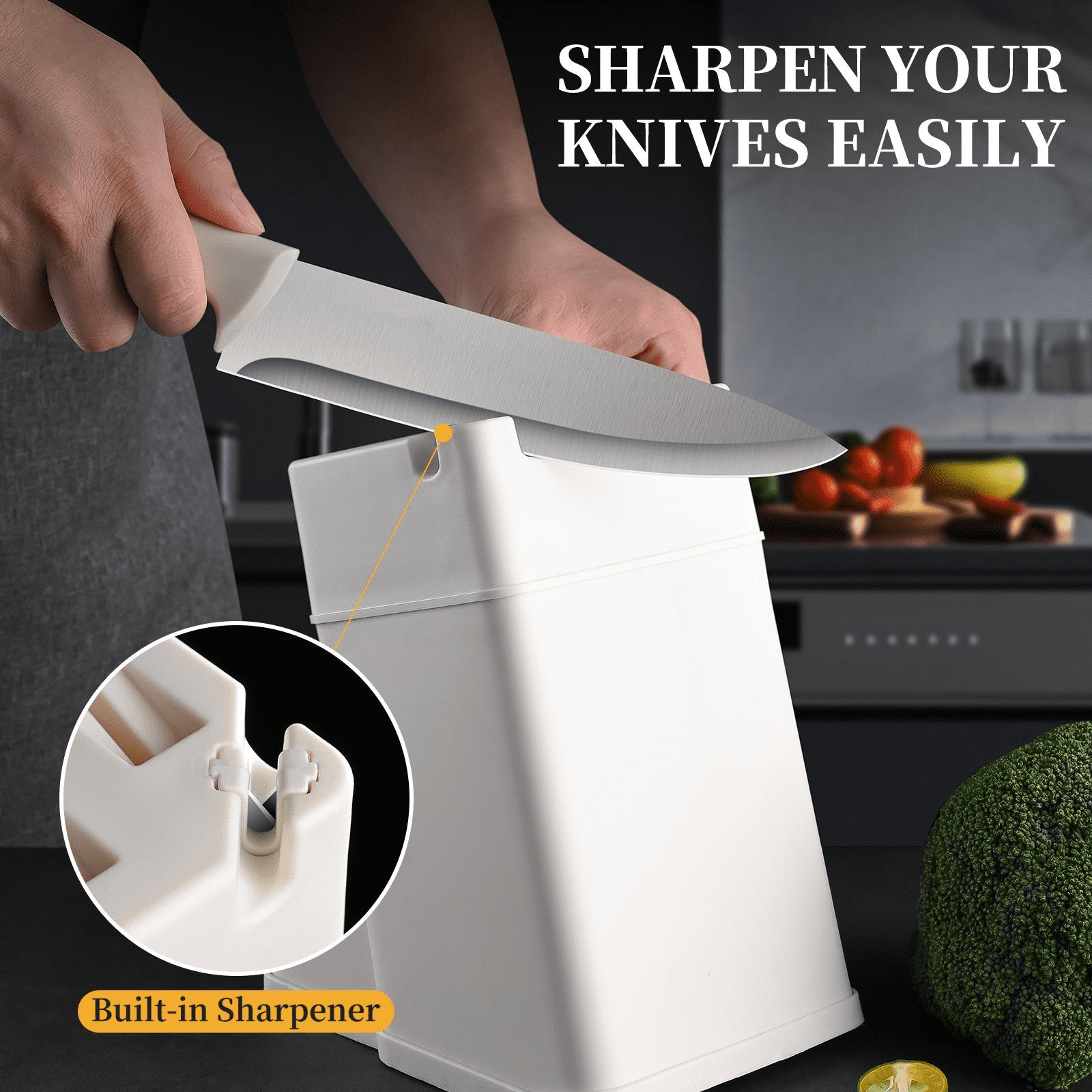 Jozram 15-Piece Kitchen Knife Block Set, Dishwasher Safe Stainless Steel Cutlery, beige
