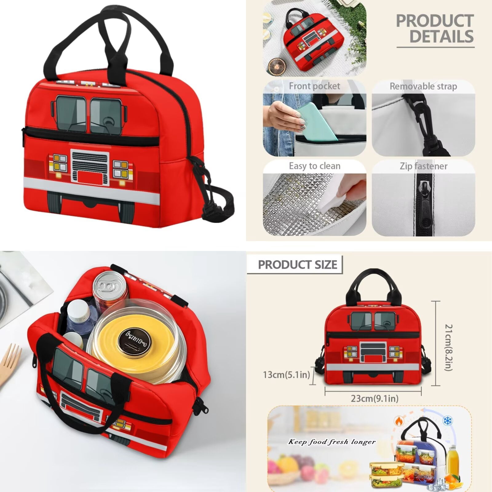Pzuqiu Red Fire Truck Kids Backpack for School 4pcs 17 Inch Boys Backpack with Lunch Box Pencil Case Water Bottle Holder Kids Backpacks Lightweight Casual Daypack for Boys