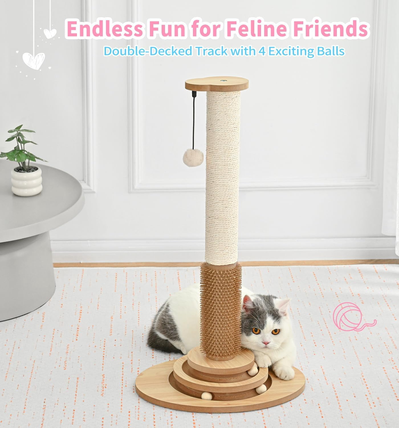 s Premium Sisal  Scratching Post with Ball Track & Brush - 28.3 Inch Tall Interactive  Tower for Indoor Kittens