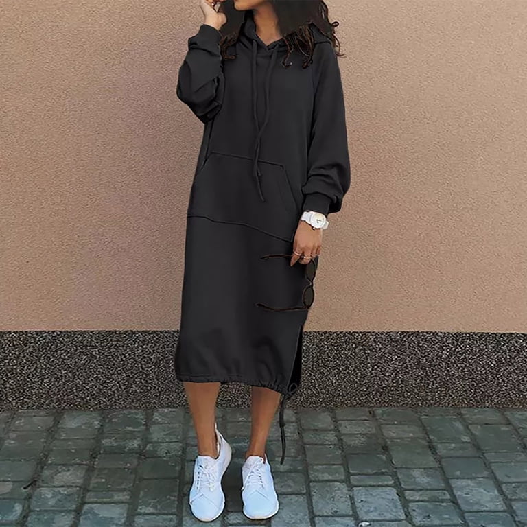 knee length hoodie dress Safuny Women's Knee Length Hoodie Dress Long Sweatshirt Pullover Pocket Solid Color Crew Neck Holiday Long Sleeve Elegant Casual Daily Comfy Trendy