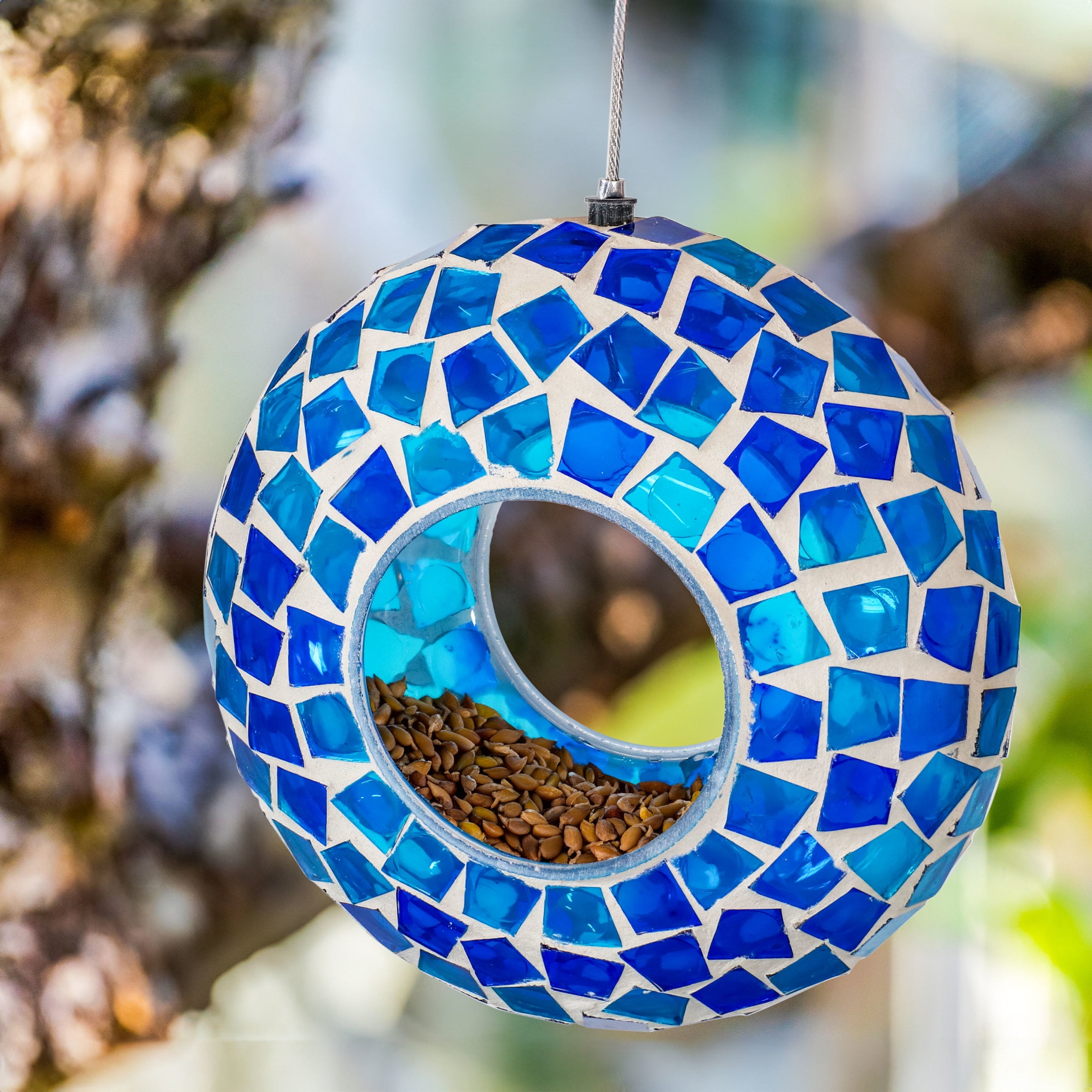 Sunnydaze Mosaic Glass Fly-Through Hanging Bird Feeder, 1-Cup Capacity, Blue