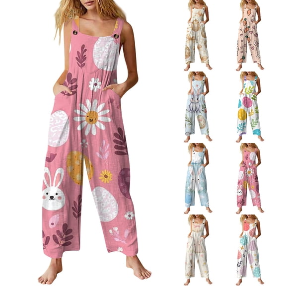 Women’s Easter Jumpsuit Casual Sleeveless Loose Fit One Piece Outfit, Easter Print Womens Summer Jumpsuit for Daily Wear and Vacation, Complexion, L
