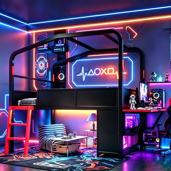 Full Size Gaming Loft Bed with Desk and Storage Cabinets, Low Metal Loft Bed Frame with Canopy Design and LED Lights for Teens, Black