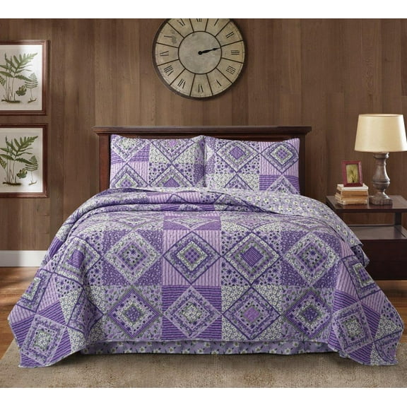 Virah Bella - Lavender Fields - Lightweight Reversible 3-Piece Lodge Quilt Set with Decorative Pillow Shams.