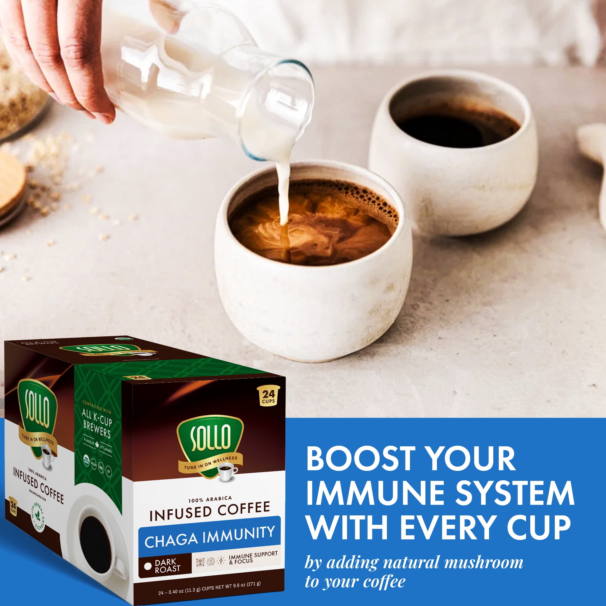 Sollo Chaga Mushroom Coffee Pods Compatible w/ K-Cup Brewers, 24 Ct