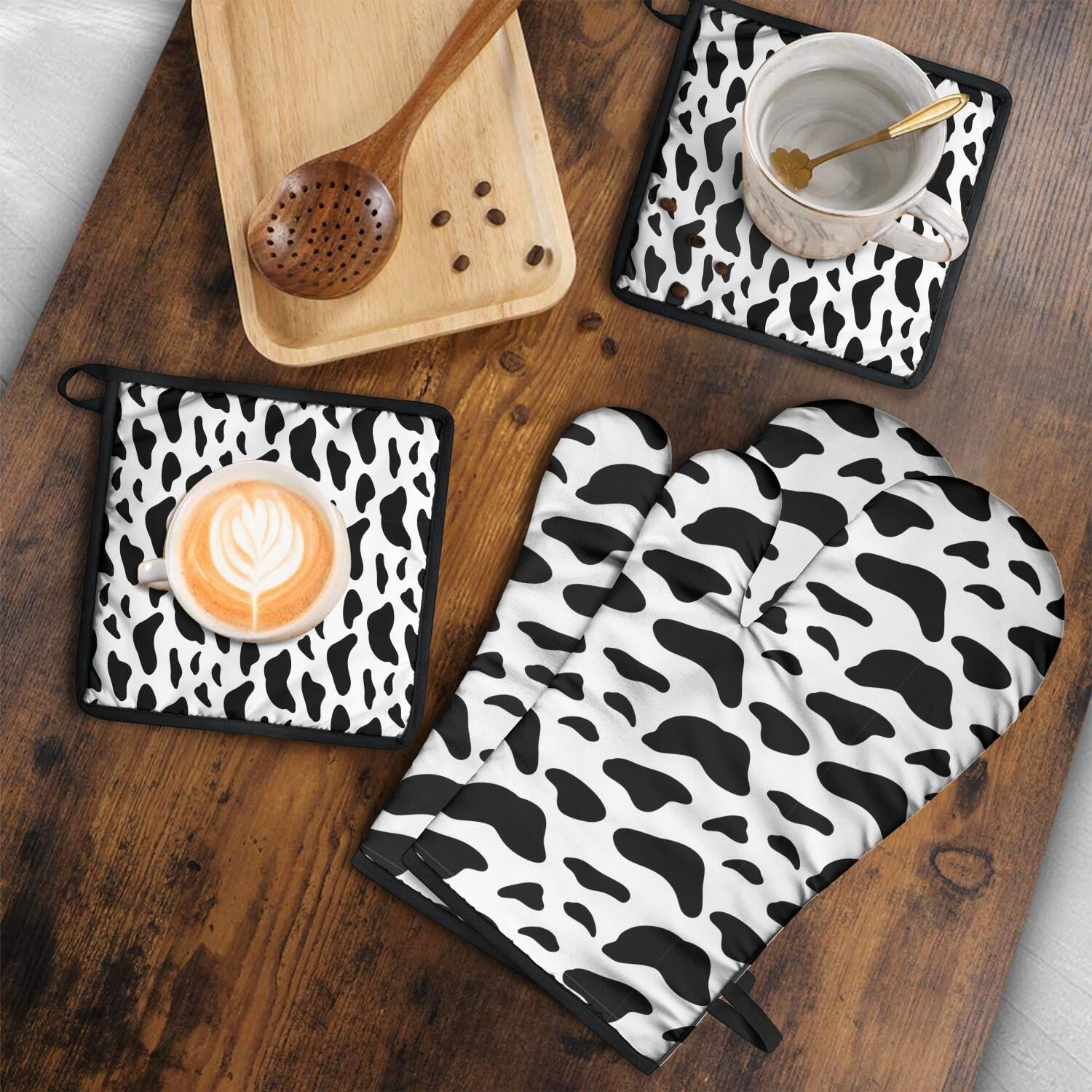 Leopard Print Oven Mitts and Pot Holders Set Of 4, Heat Resistant Kitchen Gloves with Non-Slip Grip, Hanging Loop, Soft Cotton Lining for Baking, Cooking, Grilling, Barbecue