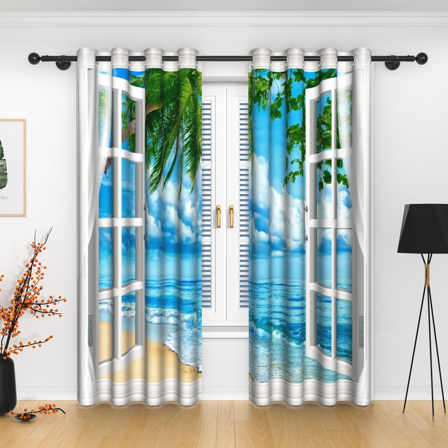 Tropical Ocean Beach Blackout Curtains, Room Darkening Grommet Curtains, White Window View, 52"x63", 2 Panel