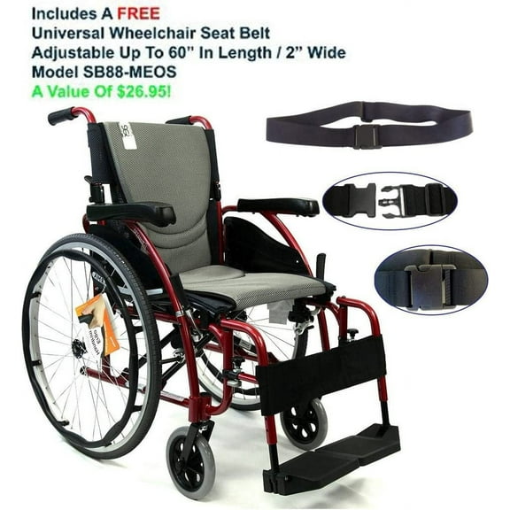 Karman S-Ergo125F18RS - 18" Seat Width, Ergonomic Wheelchair, Model S-Ergo 125, Frame Color: Rose Red,Fixed Wheel, Flip-Back Armrest & Swing-Away Detachable Footrests & FREE Wheelchair Seat Belt!