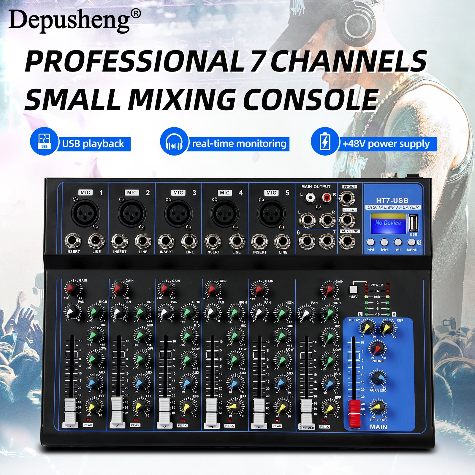 Depusheng HT7 Professional Audio Mixer Mixing Console 48V ower for Computer Recording, 7-Channel Bands Mixing Boards For Studio Recording