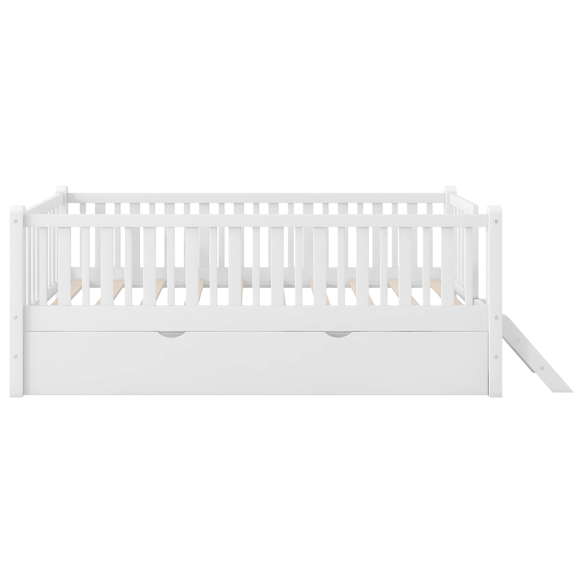 Euroco Wood Twin Size Platform Bed with Trundle, Guardrail Bed for Kids Teens Toddler, White
