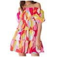 thumbnail image 1 of Robes d'Été pour les Femmes 2023 Mode Femmes Manches Courtes sur l'Épaule Impression Buste Élastique Pull Robe Plage Daliy Parti Plus Size Robe de Soleil, 1 of 9