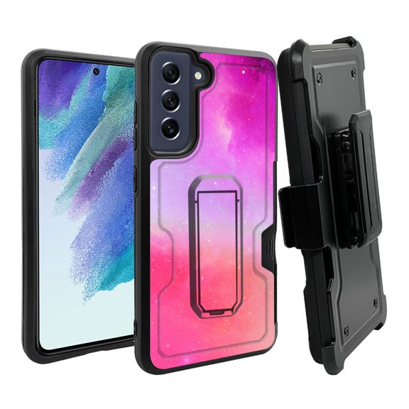 ANJ  Rugged Dual Layer Hybrid Holster Kickstand Case w/ Card Slot   Tempered Glass Cover for Samsung Galaxy S21 FE 5G - Pink Aurora