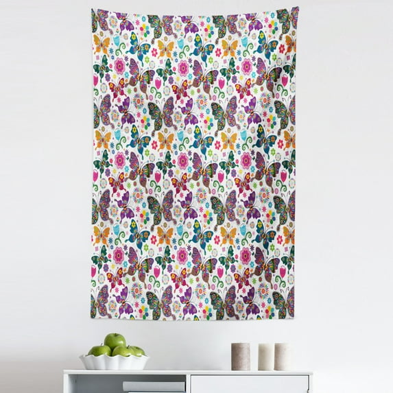 Butterfly Tapestry, Sixties and Seventies Inspired Complex Image with Floral Elements and Butterflies, Fabric Wall Hanging Decor for Bedroom Living Room Dorm, 5 Sizes, Multicolor, by Ambesonne