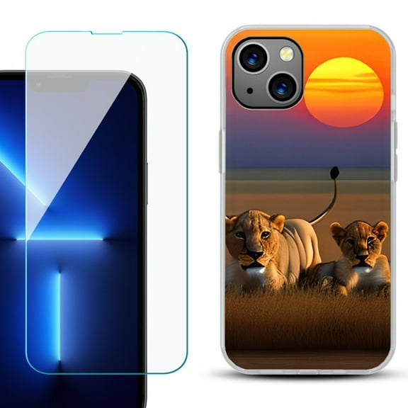 OneToughShield ® for iPhone 13 Shockproof Phone Case, with Tempered Glass Screen Protector - Lion Sunset