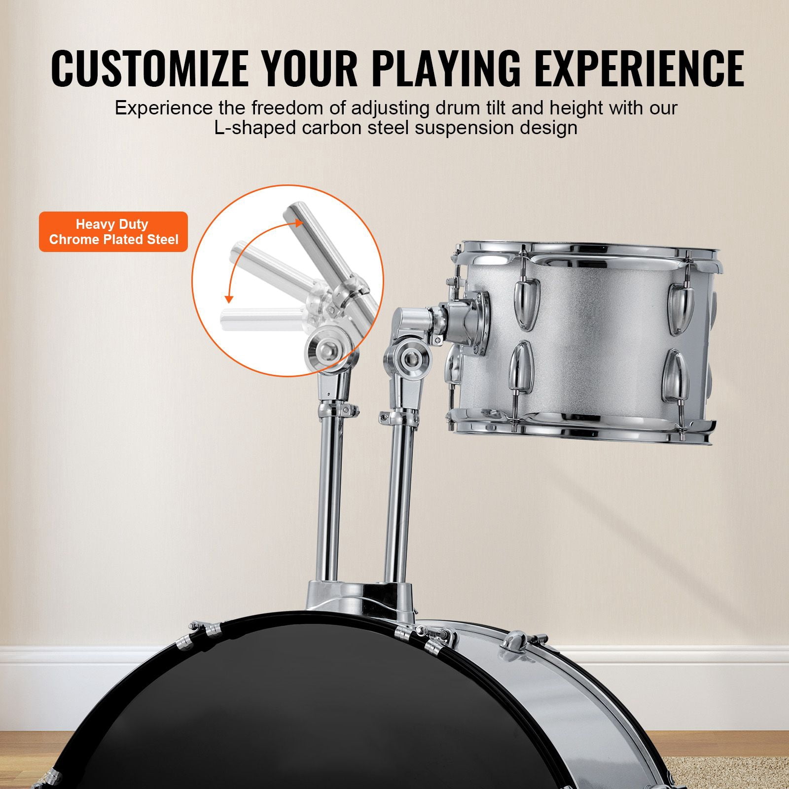 Adult Drum Set, 5-Piece, 22 inches Complete Full Size Drum Kit with Bass Toms Snare Floor Drum Adjustable Throne Stands Cymbal Hi-Hat Pedal and Drumsticks, Beginner Drum Kit for Adults, Silver