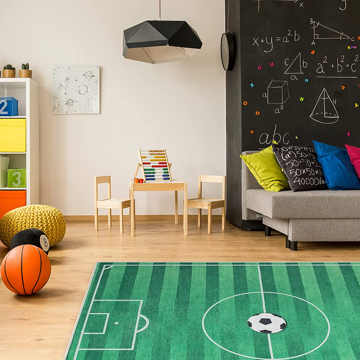 Well Woven Kids Rugs Soccer Field Modern Green Printed Distressed Machine Washable 5' x 7' Area Rug