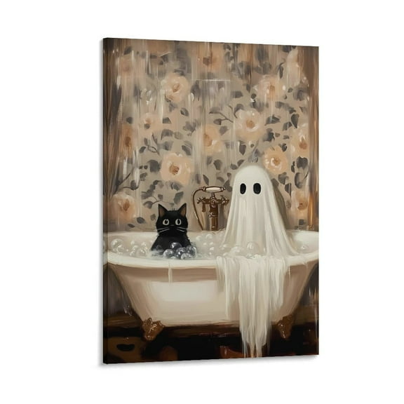 Vintage Ghost Halloween Bathroom Decor Black Cat Cute Ghost in Bathtub Wall Art Poster Funny Bubble Bath Canvas Print Painting Spooky Retro Haunted Halloween Picture Decoration