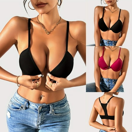 Miluxas Front Closure Bras for Women Clearance  Push up Racerback Padded T Shirt Seamless Plunge Bra with Underwire Red 90C